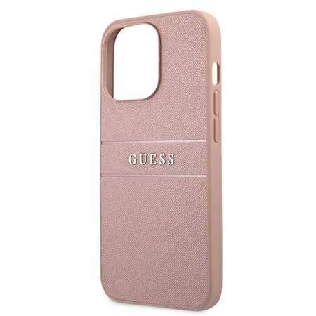 Etui Guess Saffiano Mteal Logo Stripes - iPhone 13 Pro Max (Różowy)